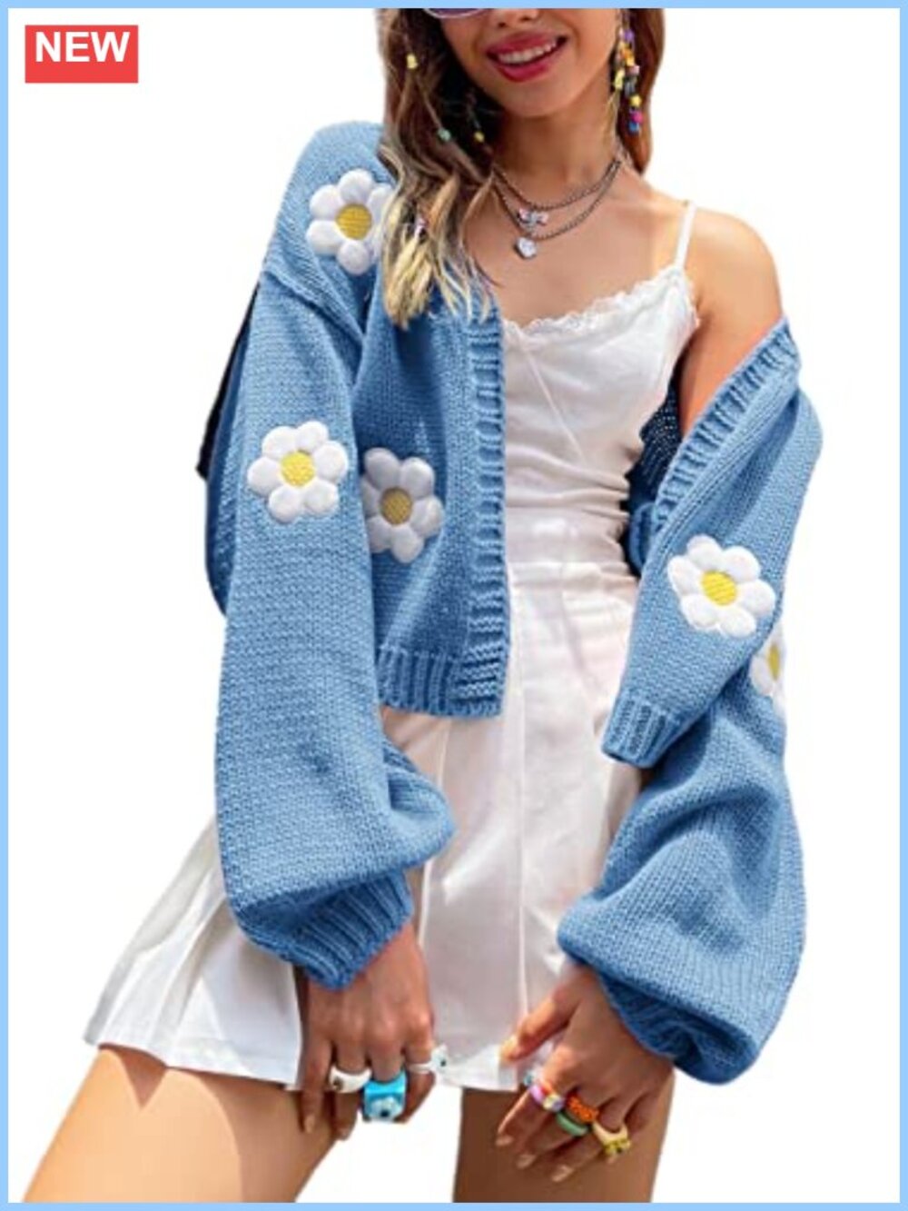 Floral Cropped Y2K Coquette Cardigan Sweater with Daisy Applique